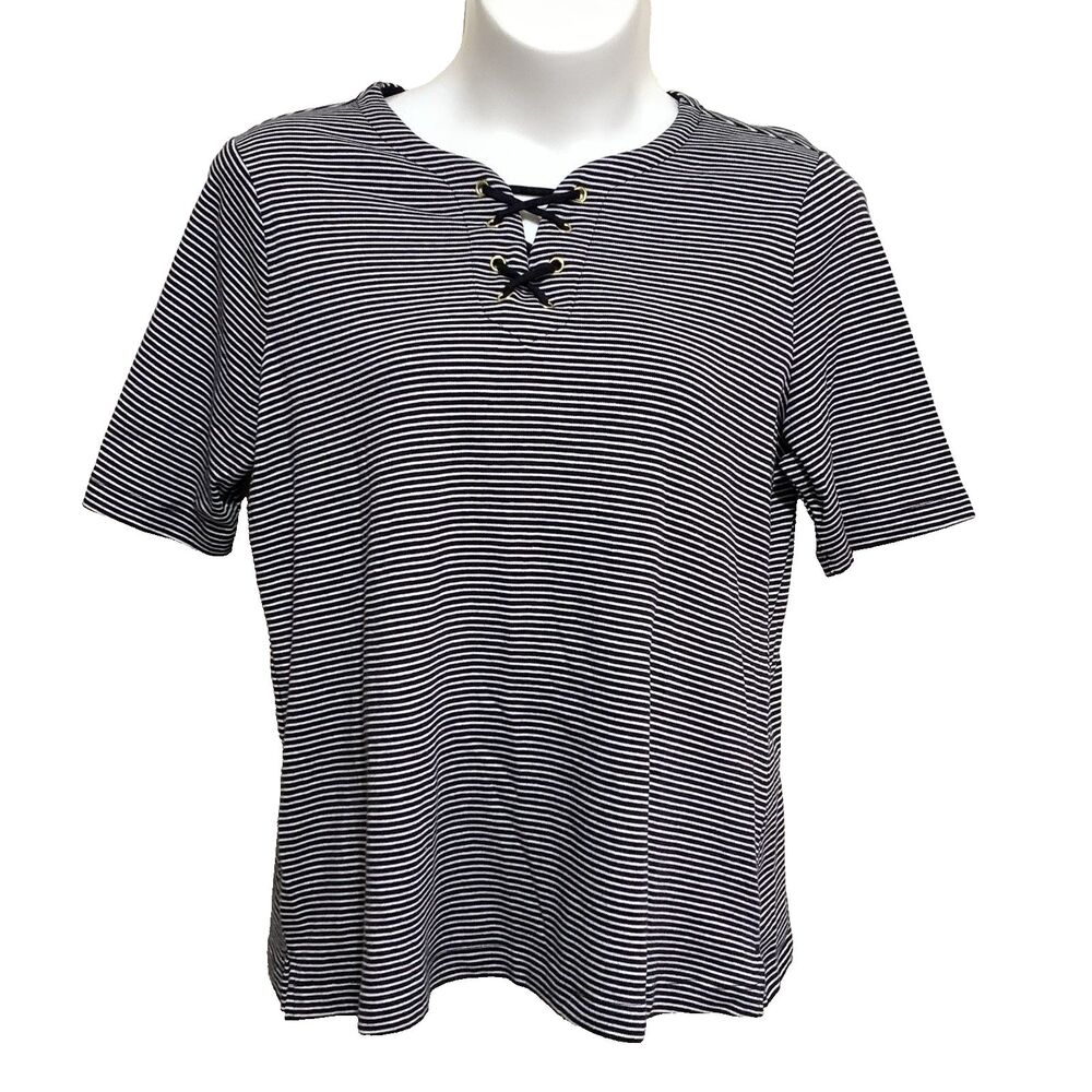 Croft & Barrow Top Womens XXL Black & White Lace Up Neck Short Sleeve